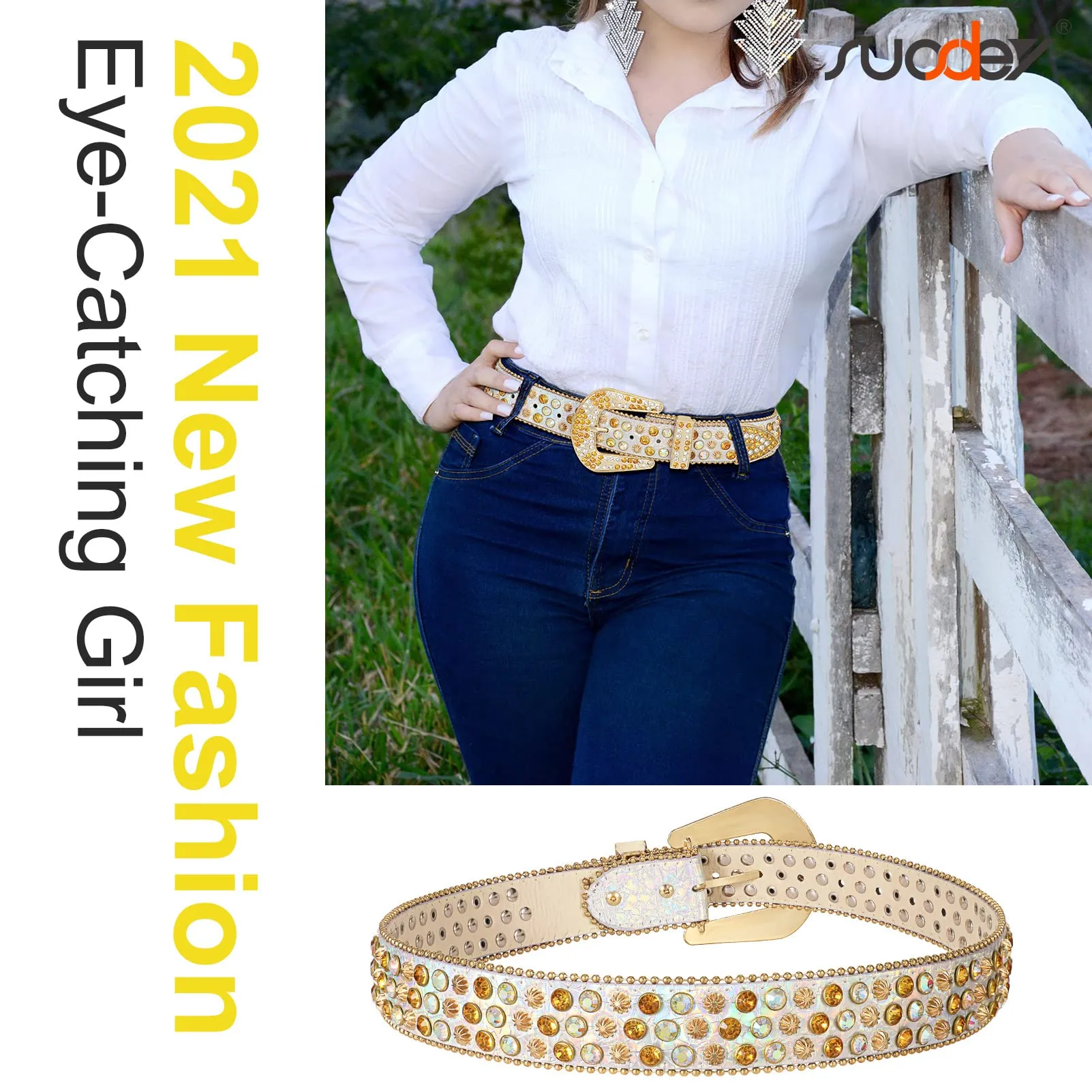 Men Women Fashion Rhinestone Belt SUOSDEY Western Cowgirl Bling Studded Design Leather Diamond Belt for Jeans Dress