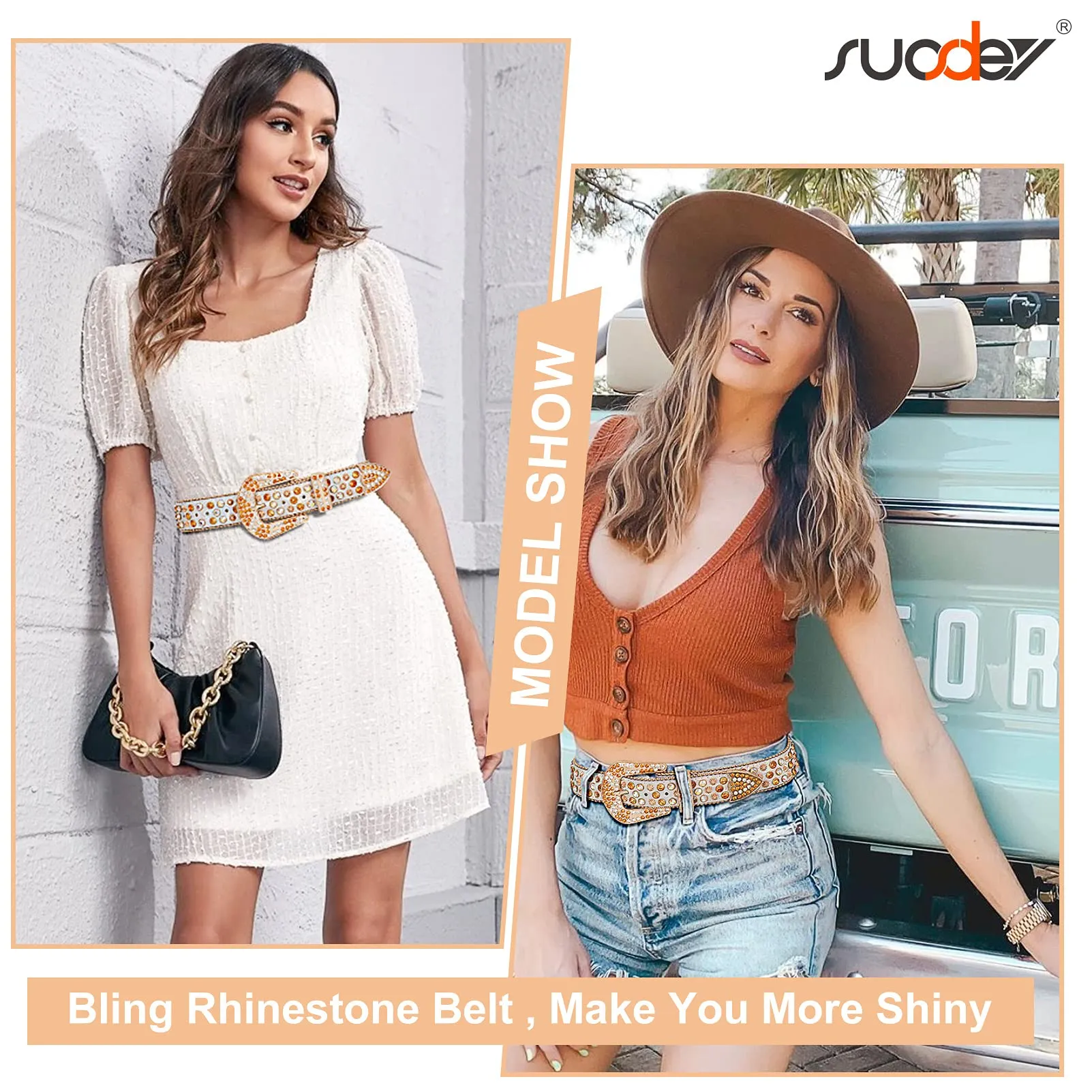 Men Women Fashion Rhinestone Belt SUOSDEY Western Cowgirl Bling Studded Design Leather Diamond Belt for Jeans Dress