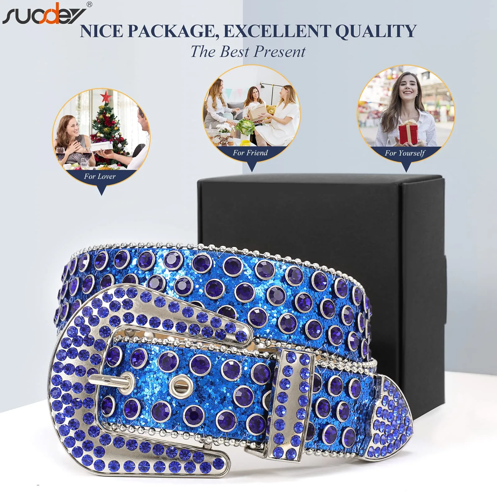 Men Women Fashion Rhinestone Belt SUOSDEY Western Cowgirl Bling Studded Design Leather Diamond Belt for Jeans Dress