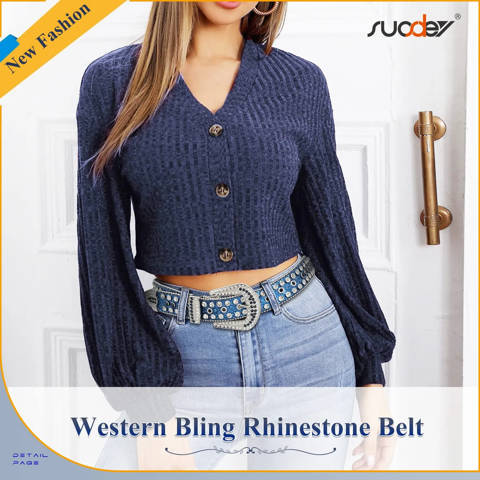 Men Women Fashion Rhinestone Belt SUOSDEY Western Cowgirl Bling Studded Design Leather Diamond Belt for Jeans Dress