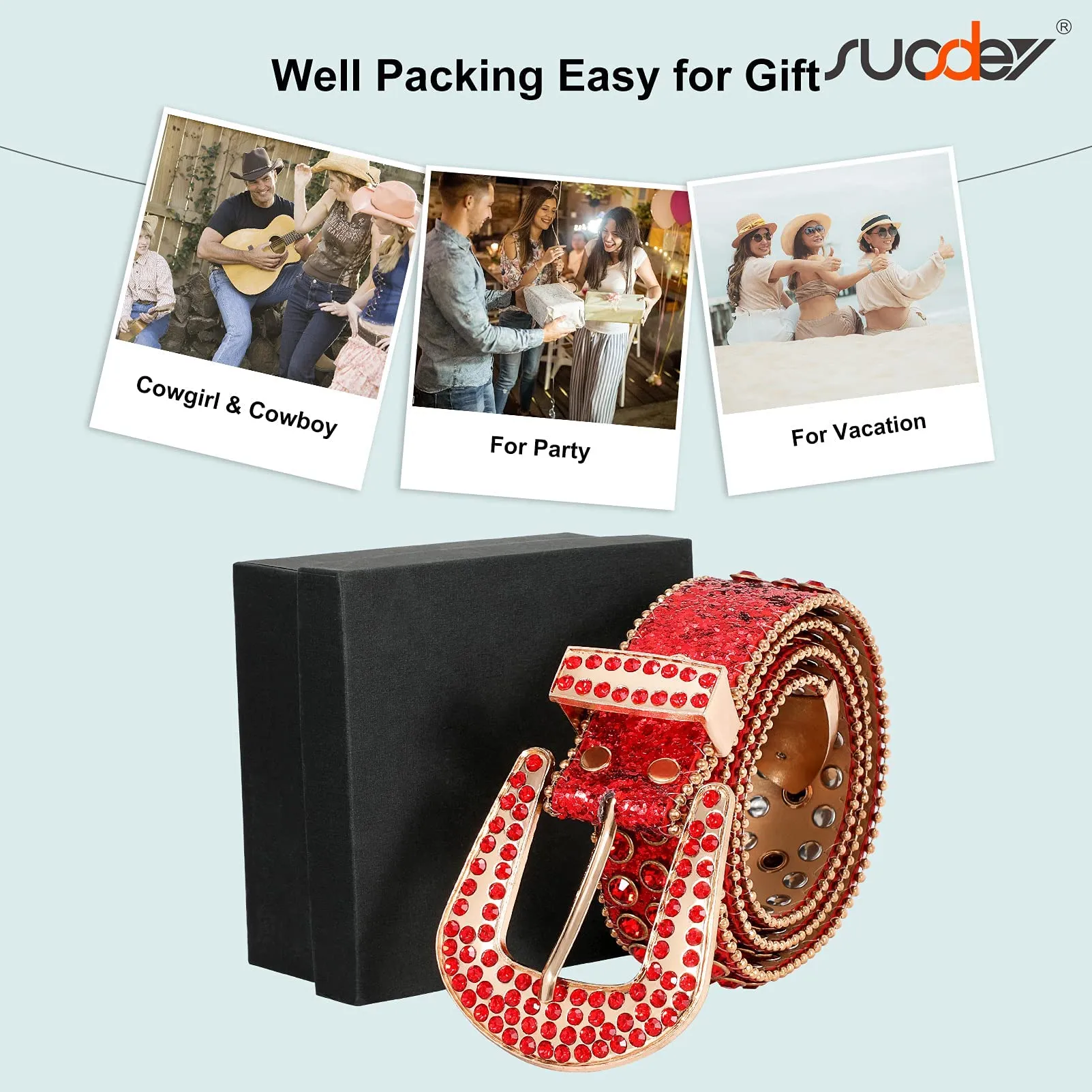 Men Women Fashion Rhinestone Belt SUOSDEY Western Cowgirl Bling Studded Design Leather Diamond Belt for Jeans Dress