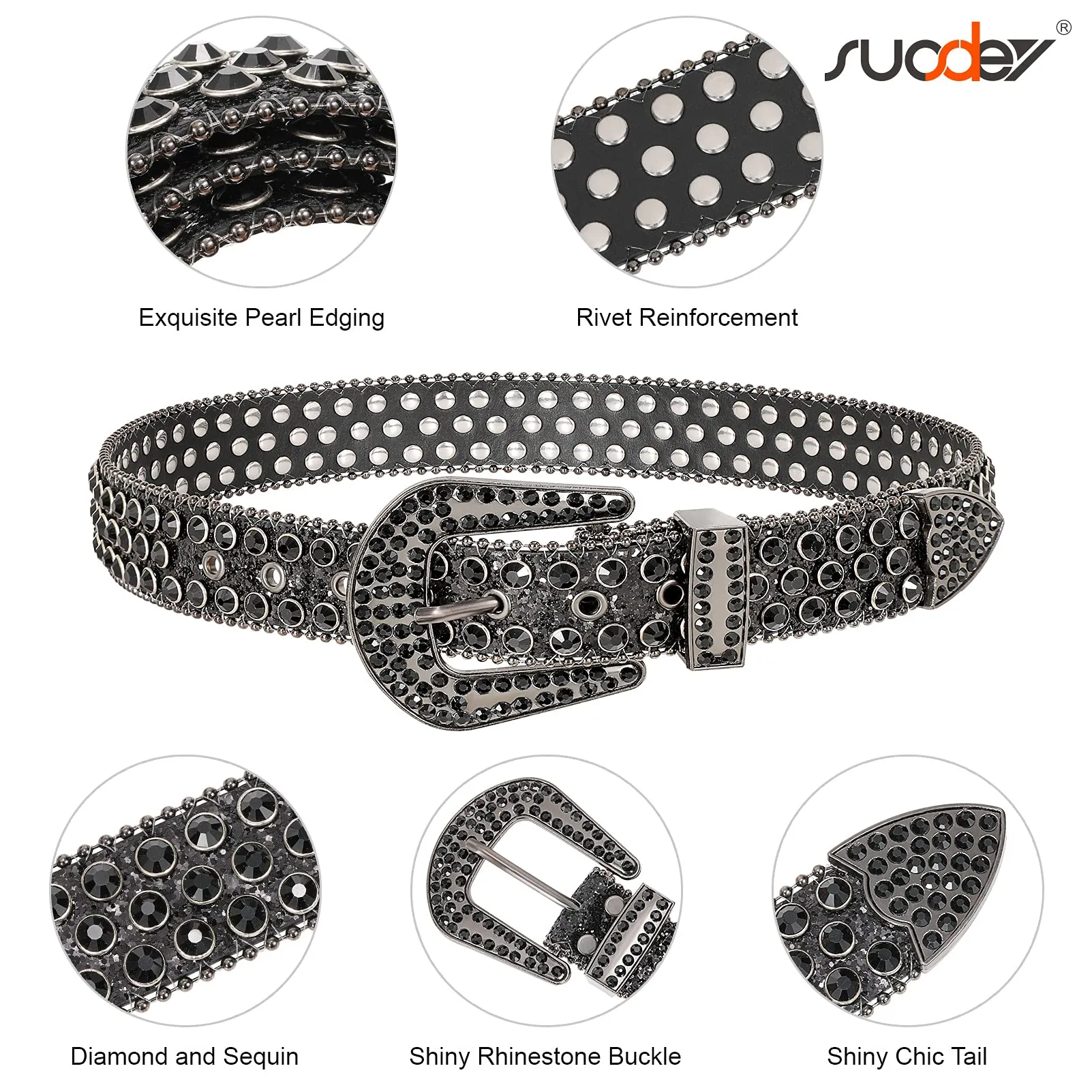 Men Women Fashion Rhinestone Belt SUOSDEY Western Cowgirl Bling Studded Design Leather Diamond Belt for Jeans Dress