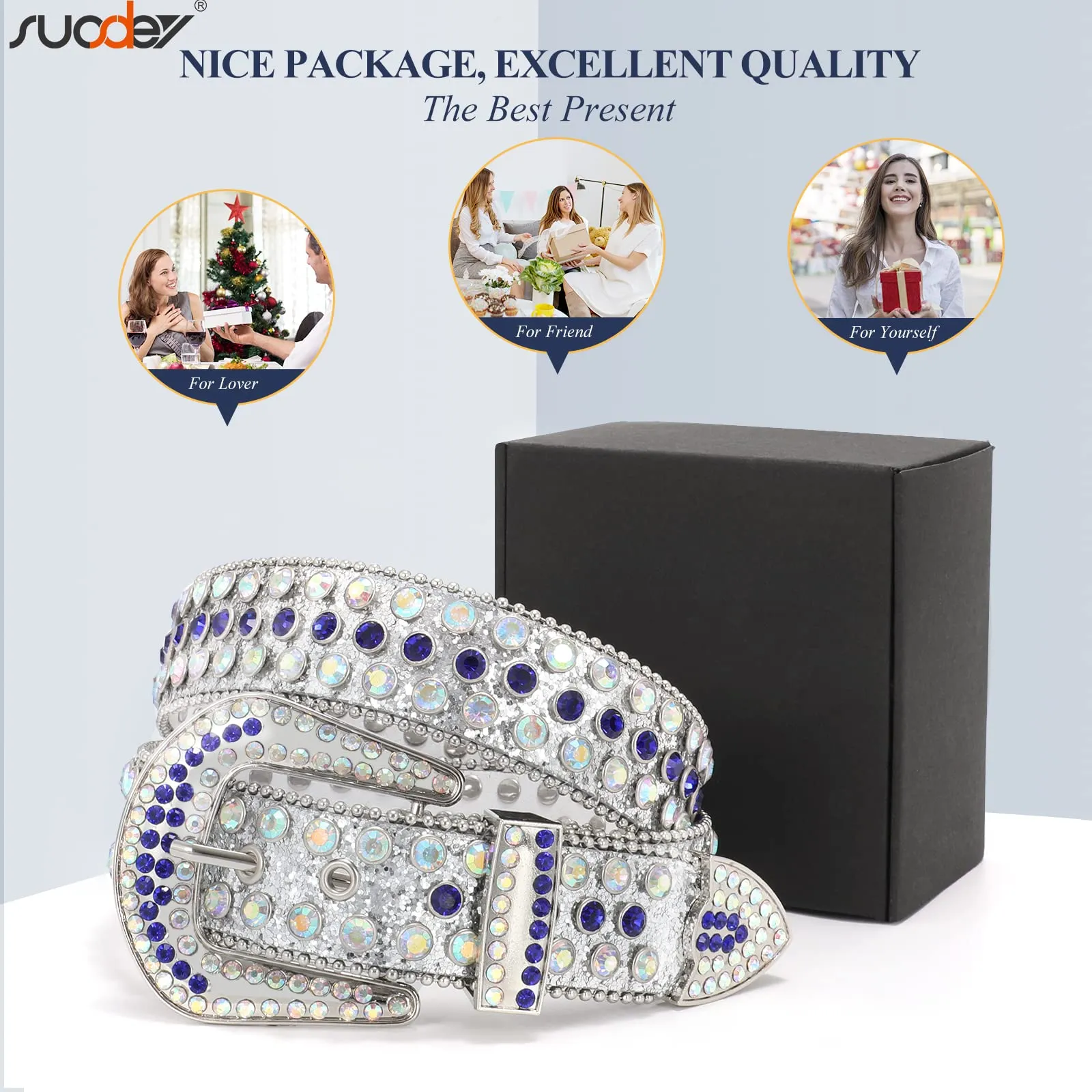 Men Women Fashion Rhinestone Belt SUOSDEY Western Cowgirl Bling Studded Design Leather Diamond Belt for Jeans Dress