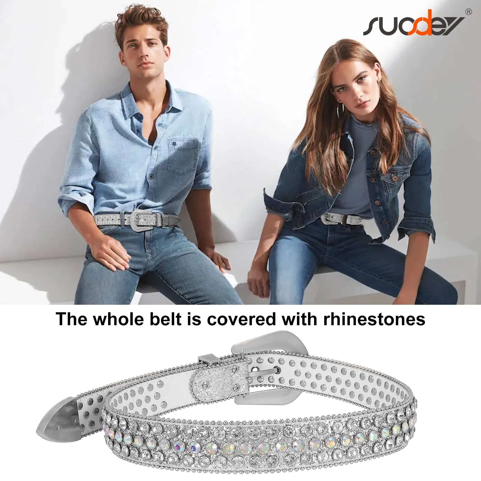 Men Women Fashion Rhinestone Belt SUOSDEY Western Cowgirl Bling Studded Design Leather Diamond Belt for Jeans Dress
