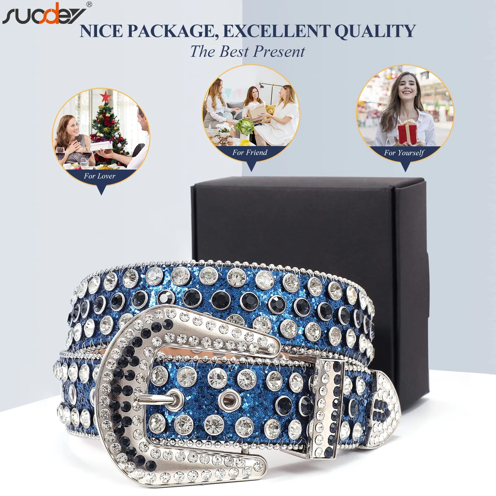 Men Women Fashion Rhinestone Belt SUOSDEY Western Cowgirl Bling Studded Design Leather Diamond Belt for Jeans Dress