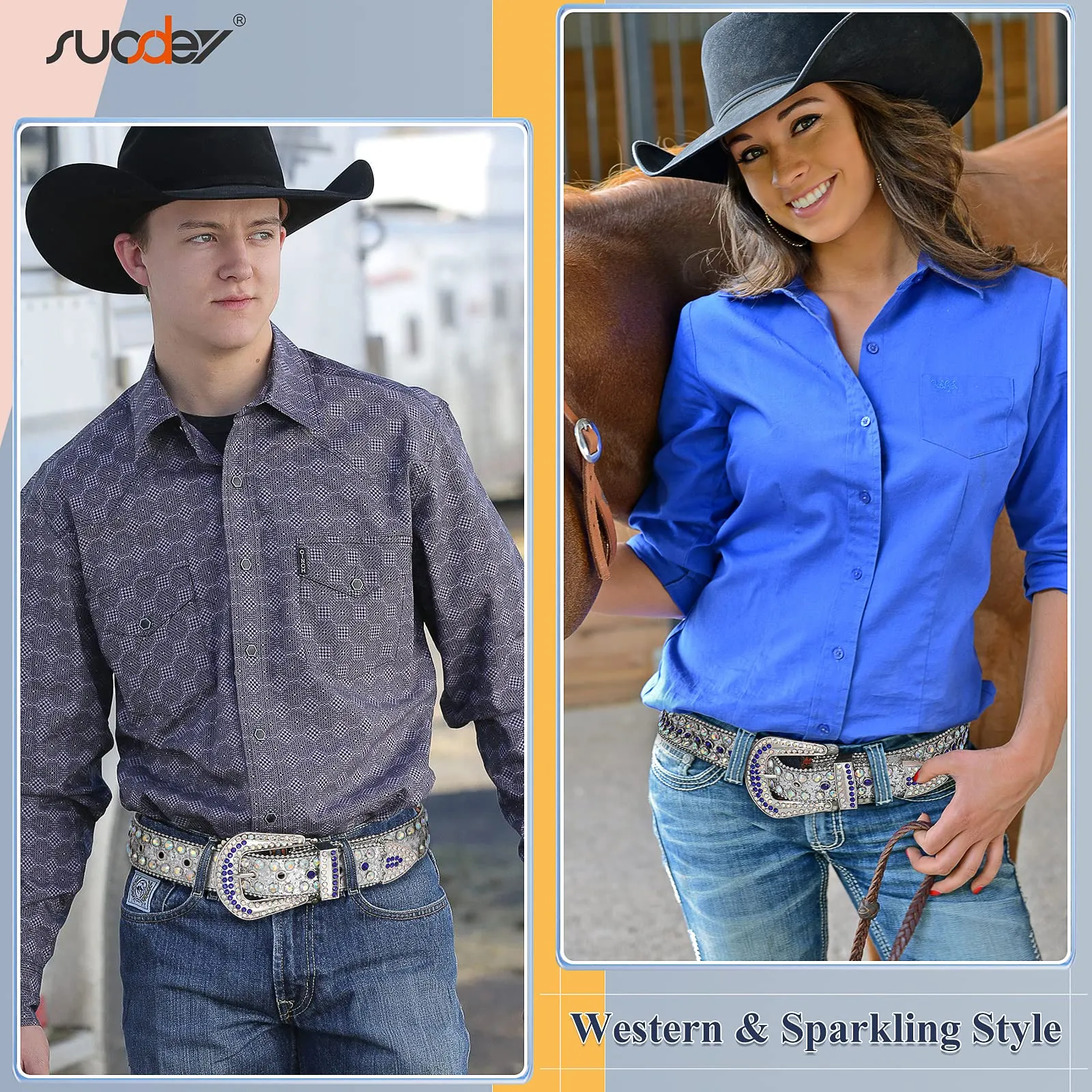Men Women Fashion Rhinestone Belt SUOSDEY Western Cowgirl Bling Studded Design Leather Diamond Belt for Jeans Dress