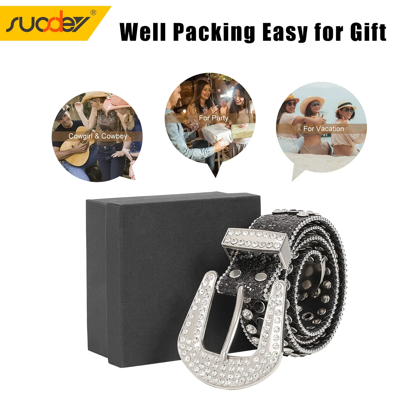 Men Women Fashion Rhinestone Belt SUOSDEY Western Cowgirl Bling Studded Design Leather Diamond Belt for Jeans Dress