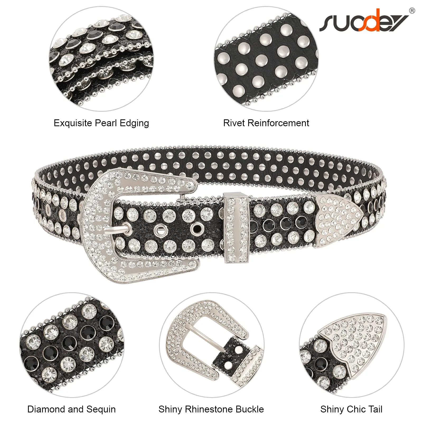Men Women Fashion Rhinestone Belt SUOSDEY Western Cowgirl Bling Studded Design Leather Diamond Belt for Jeans Dress