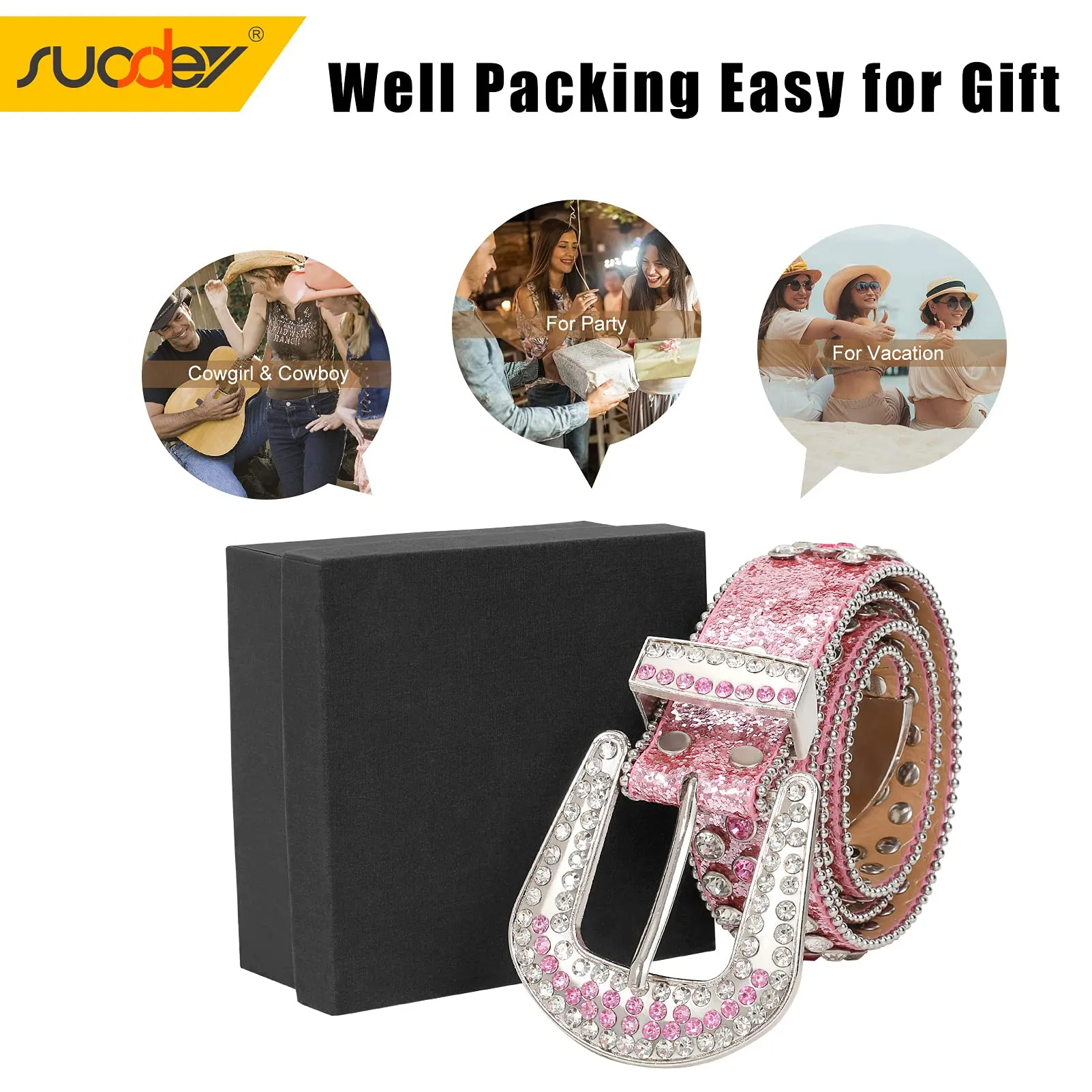 Men Women Fashion Rhinestone Belt SUOSDEY Western Cowgirl Bling Studded Design Leather Diamond Belt for Jeans Dress