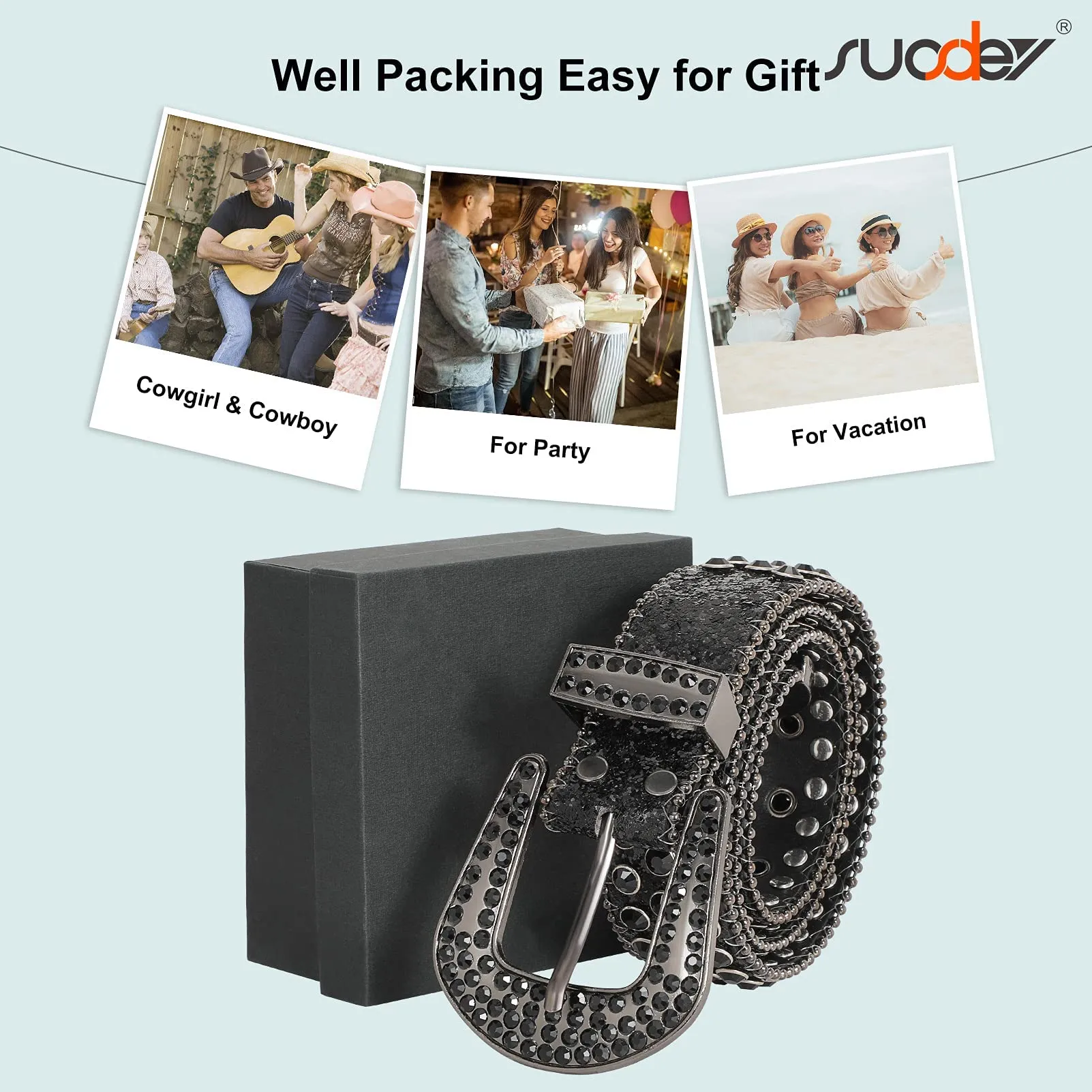 Men Women Fashion Rhinestone Belt SUOSDEY Western Cowgirl Bling Studded Design Leather Diamond Belt for Jeans Dress