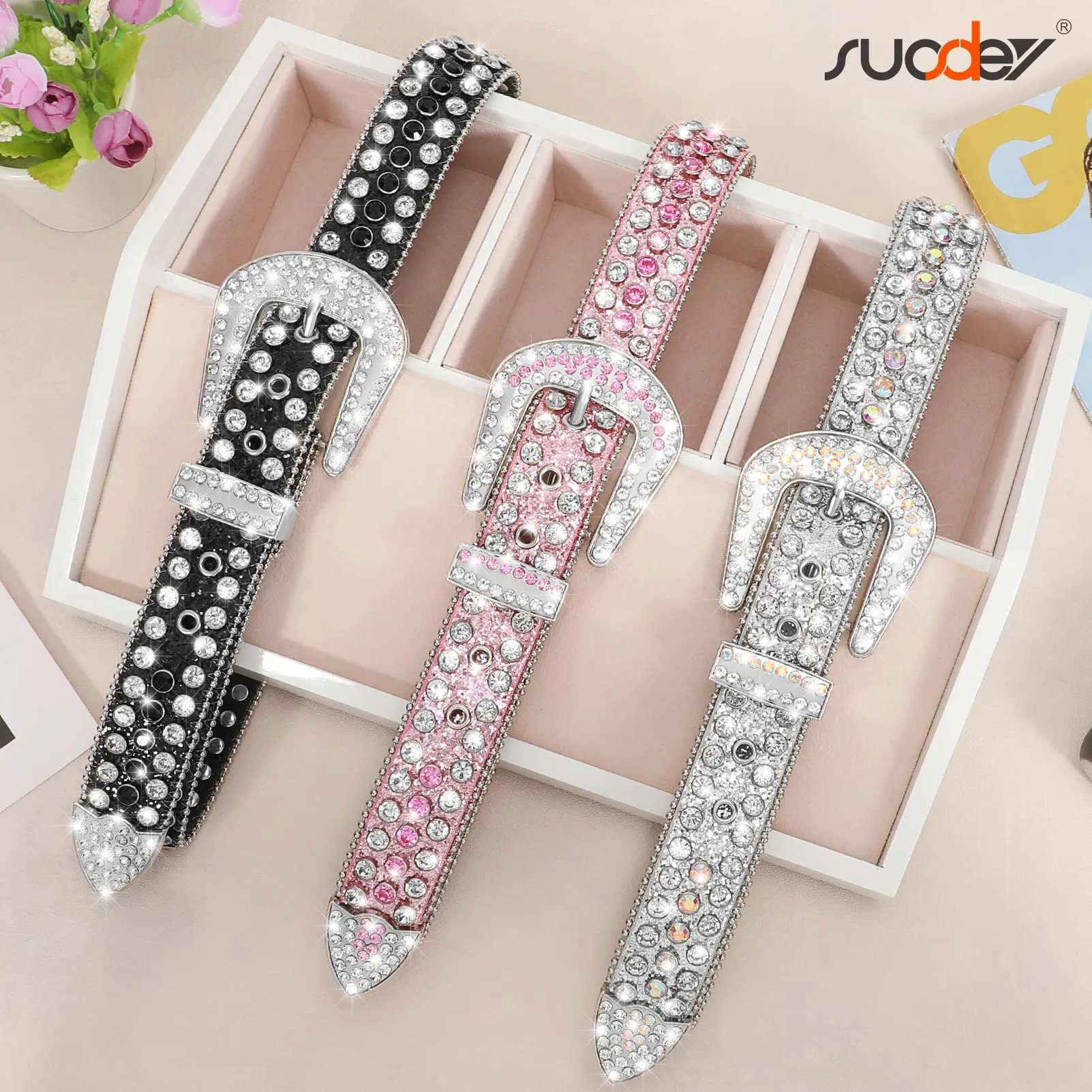 Men Women Fashion Rhinestone Belt SUOSDEY Western Cowgirl Bling Studded Design Leather Diamond Belt for Jeans Dress
