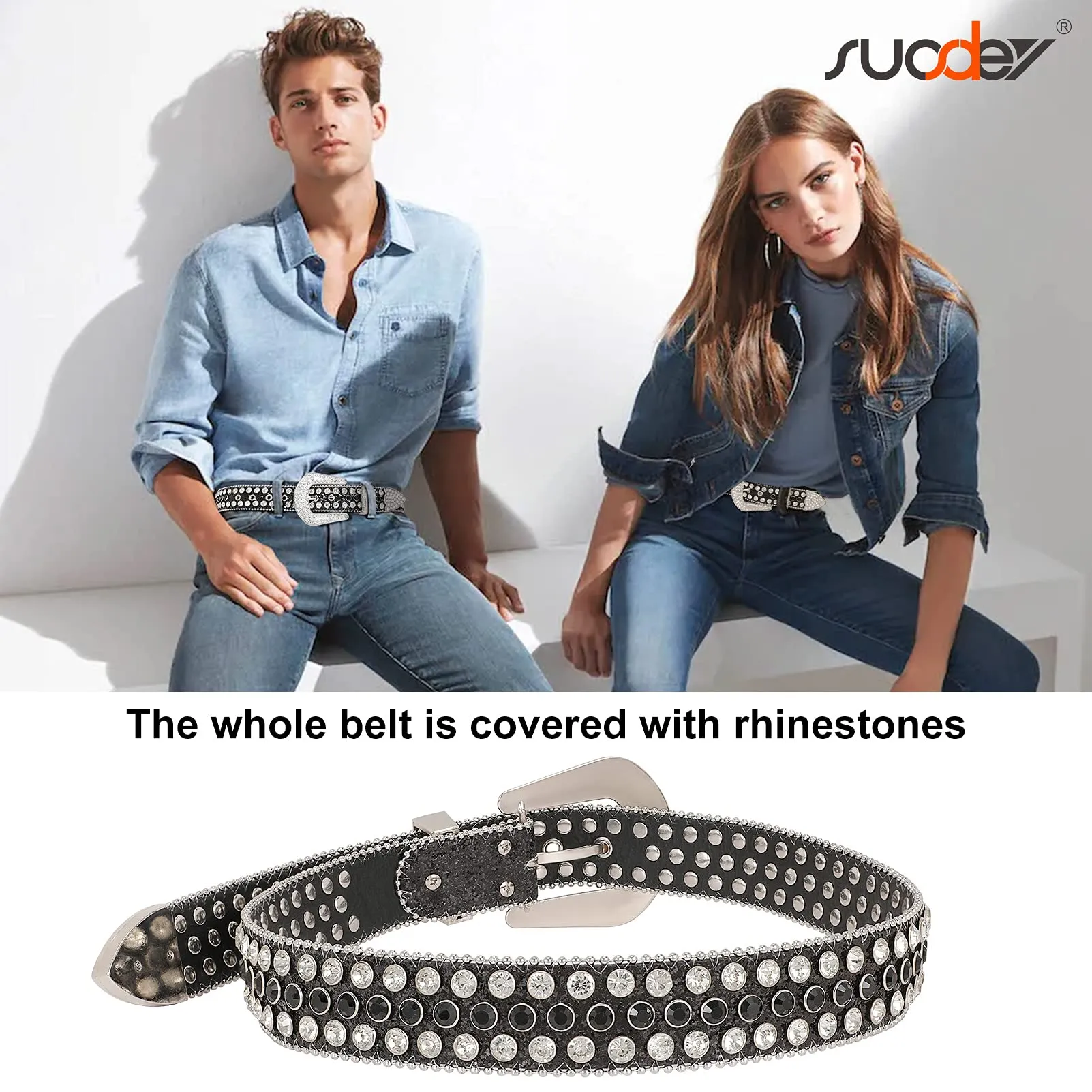Men Women Fashion Rhinestone Belt SUOSDEY Western Cowgirl Bling Studded Design Leather Diamond Belt for Jeans Dress