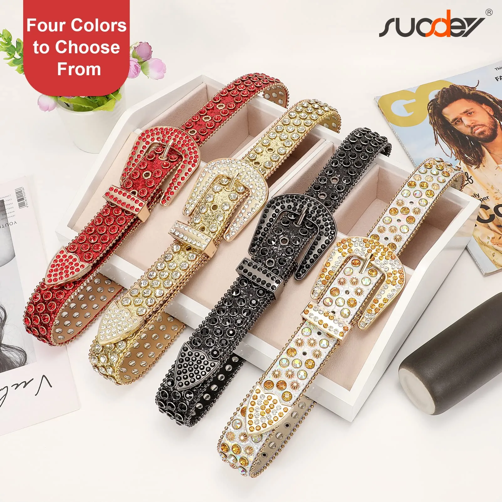 Men Women Fashion Rhinestone Belt SUOSDEY Western Cowgirl Bling Studded Design Leather Diamond Belt for Jeans Dress