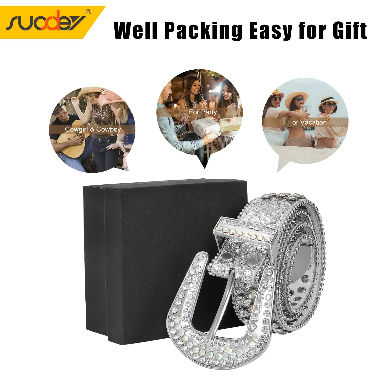 Men Women Fashion Rhinestone Belt SUOSDEY Western Cowgirl Bling Studded Design Leather Diamond Belt for Jeans Dress
