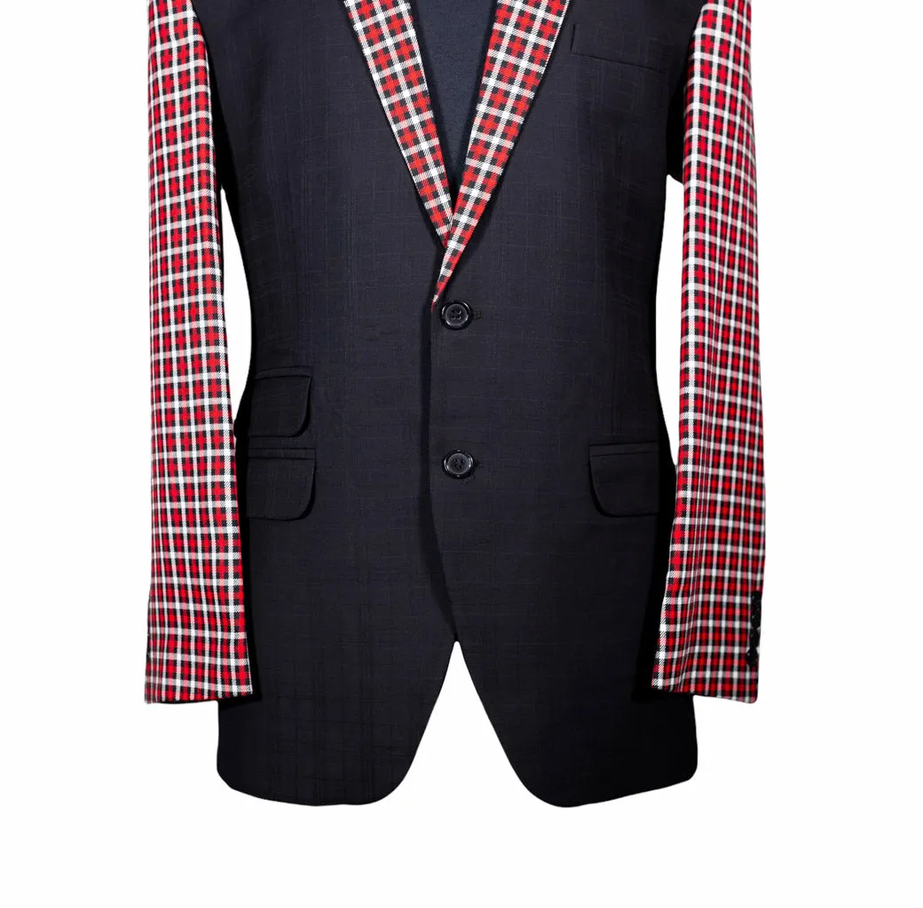 Men's Blazer Black Red Plaid Check Wool Formal Tuxedo Jacket Sport Coat 40R