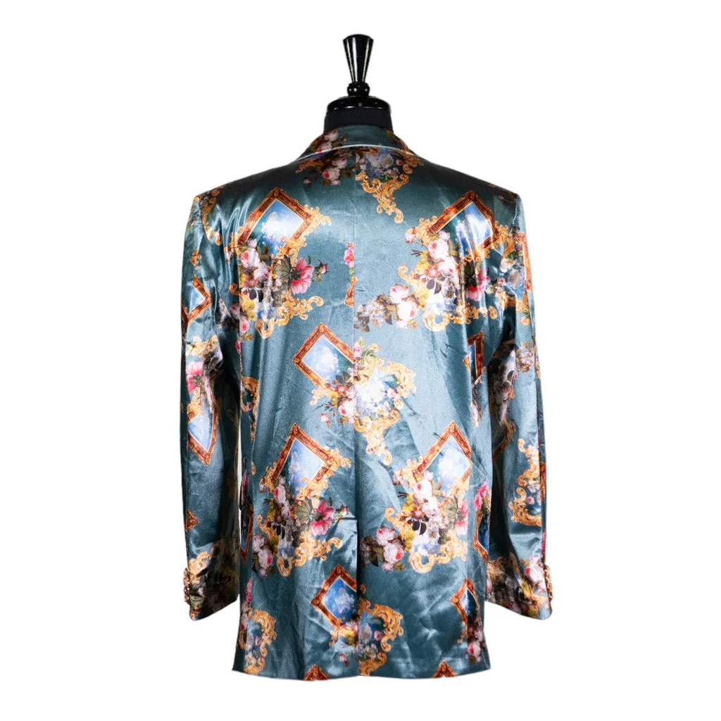 Mens Blazer Multicolor Photo Frames Floral Velvet Dress Formal Jacket Wedding Sport Coat 42R