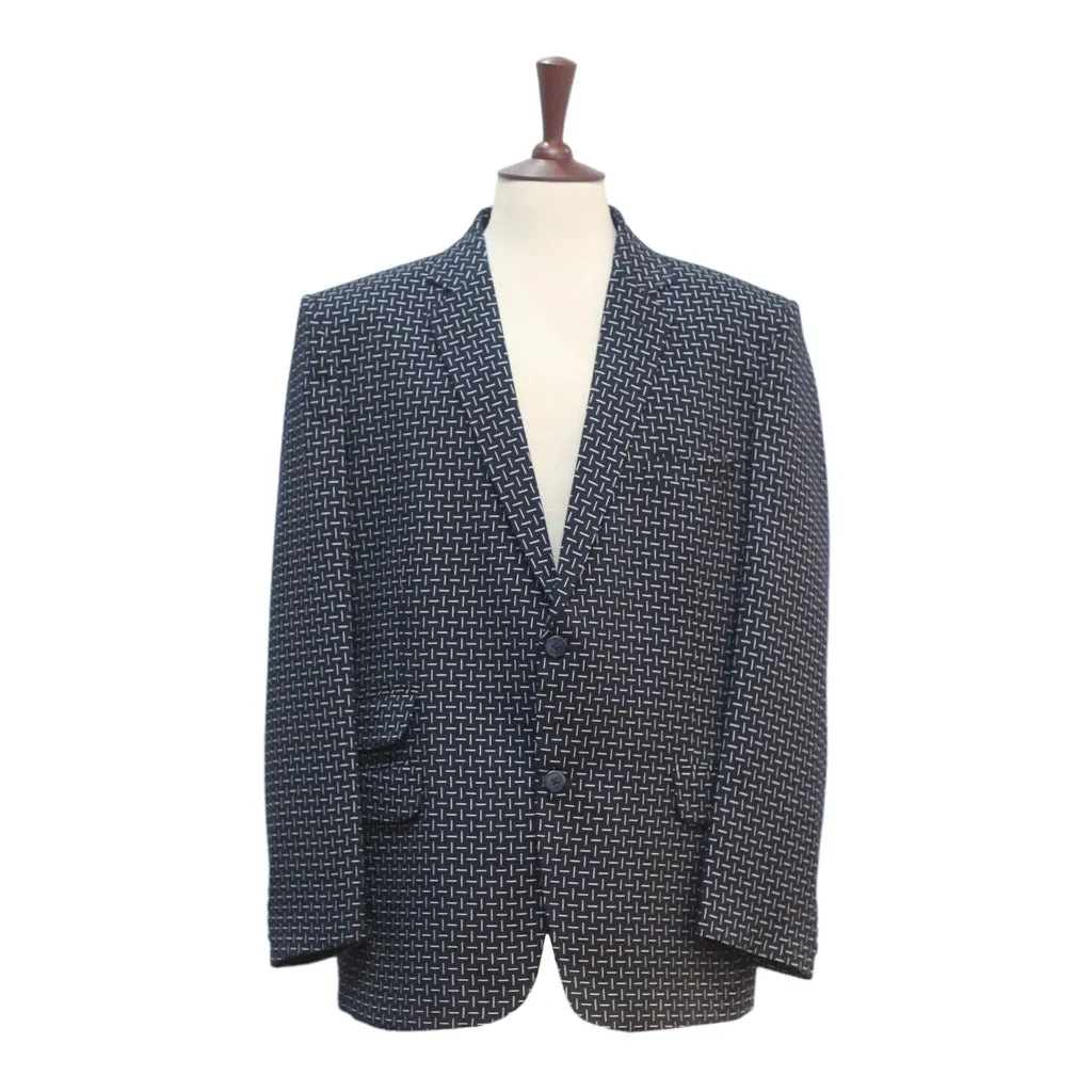 Mens Blazer Navy Blue White Geometric Wool 2 Button Dress Formal Suit Jacket Wedding Sport Coat 46R