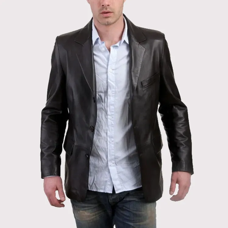 Men’s Classic Black Leather Blazer – Timeless Casual Jacket