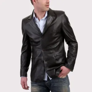 Men’s Classic Black Leather Blazer – Timeless Casual Jacket