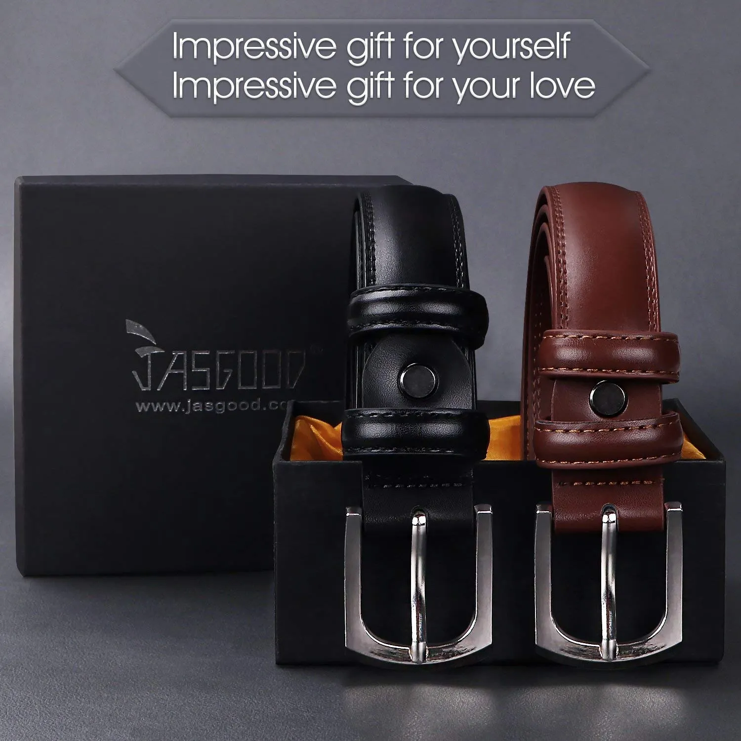 Men's Dress Belt Genuine Leather Black Design Belt with Prong Buckle Elegant Gift Box