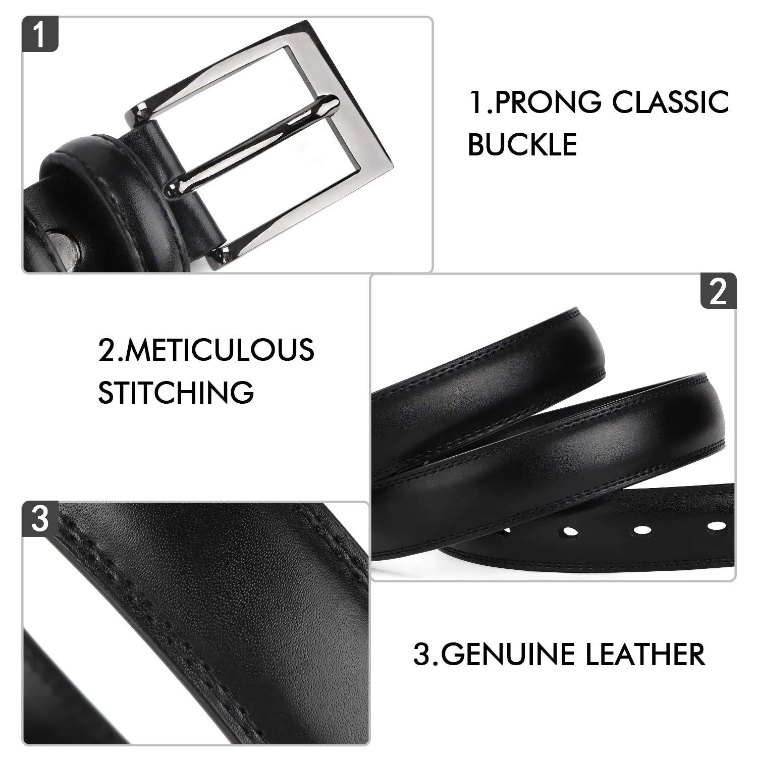 Men's Dress Belt Genuine Leather Black Design Belt with Prong Buckle Elegant Gift Box