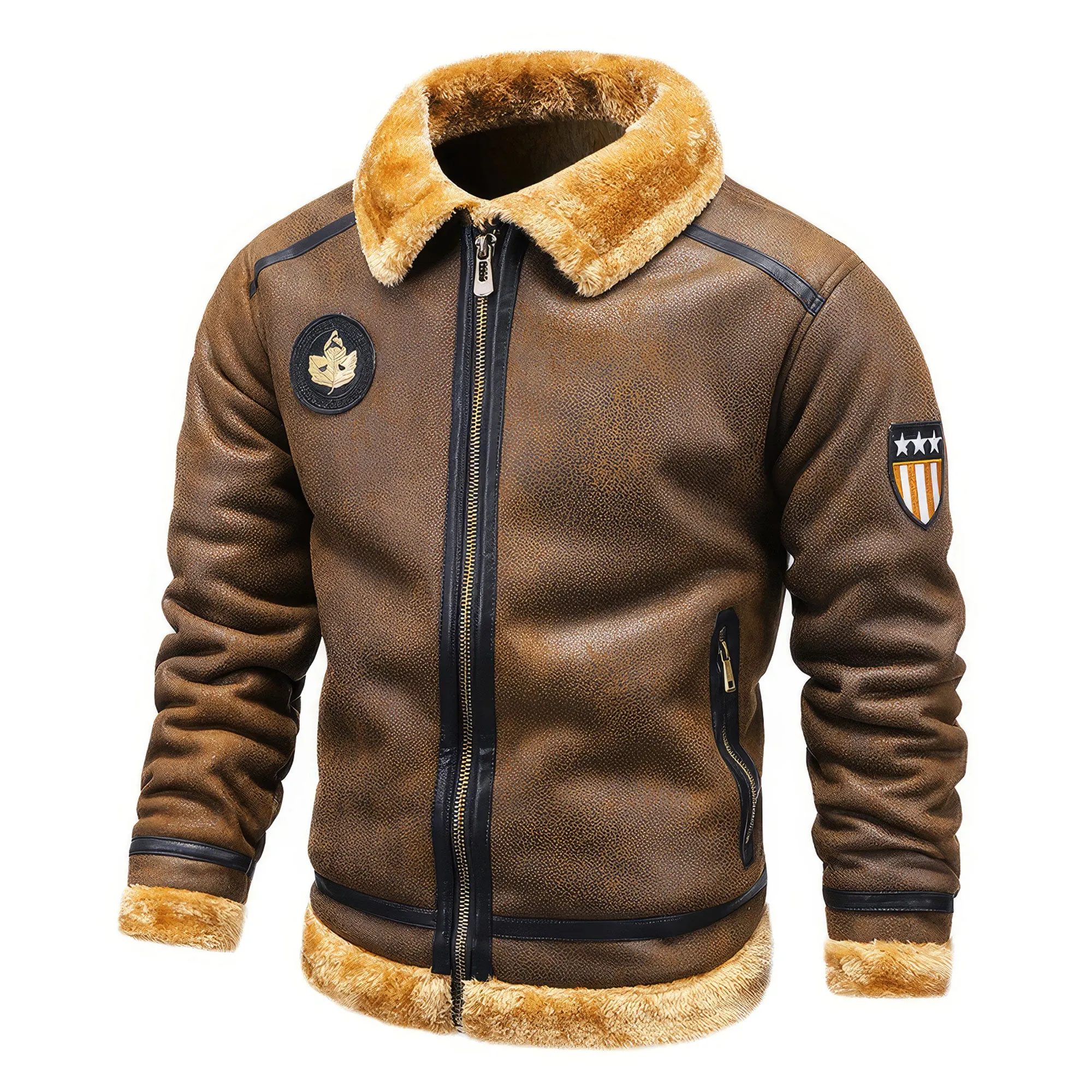 Men's Fleece Fur Collar Motorcycle Jackets Casual Outwear Thermal Leather Coats Genuine Leather Jackets