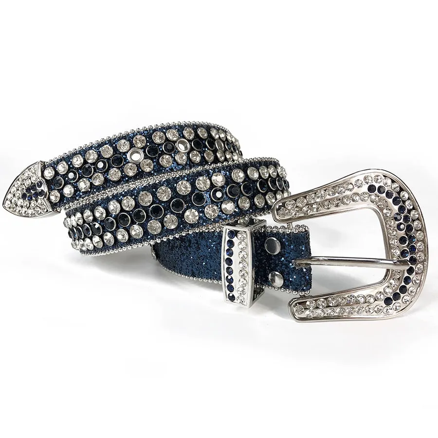 Mens Rhinestones Alligator Leather Belt Dark Blue