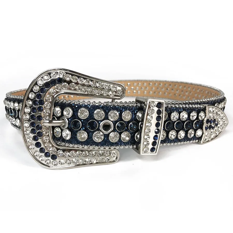 Mens Rhinestones Alligator Leather Belt Dark Blue