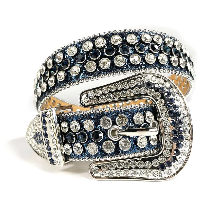 Mens Rhinestones Alligator Leather Belt Dark Blue