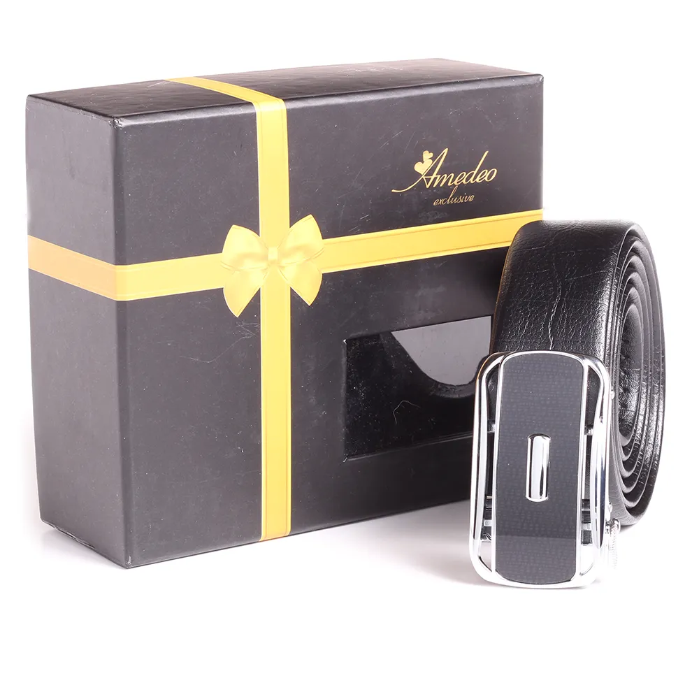 Men's Smart Ratchet No Holes Automatic Buckle Belt in Black Belt - Two-Toned Silver Checkered Color