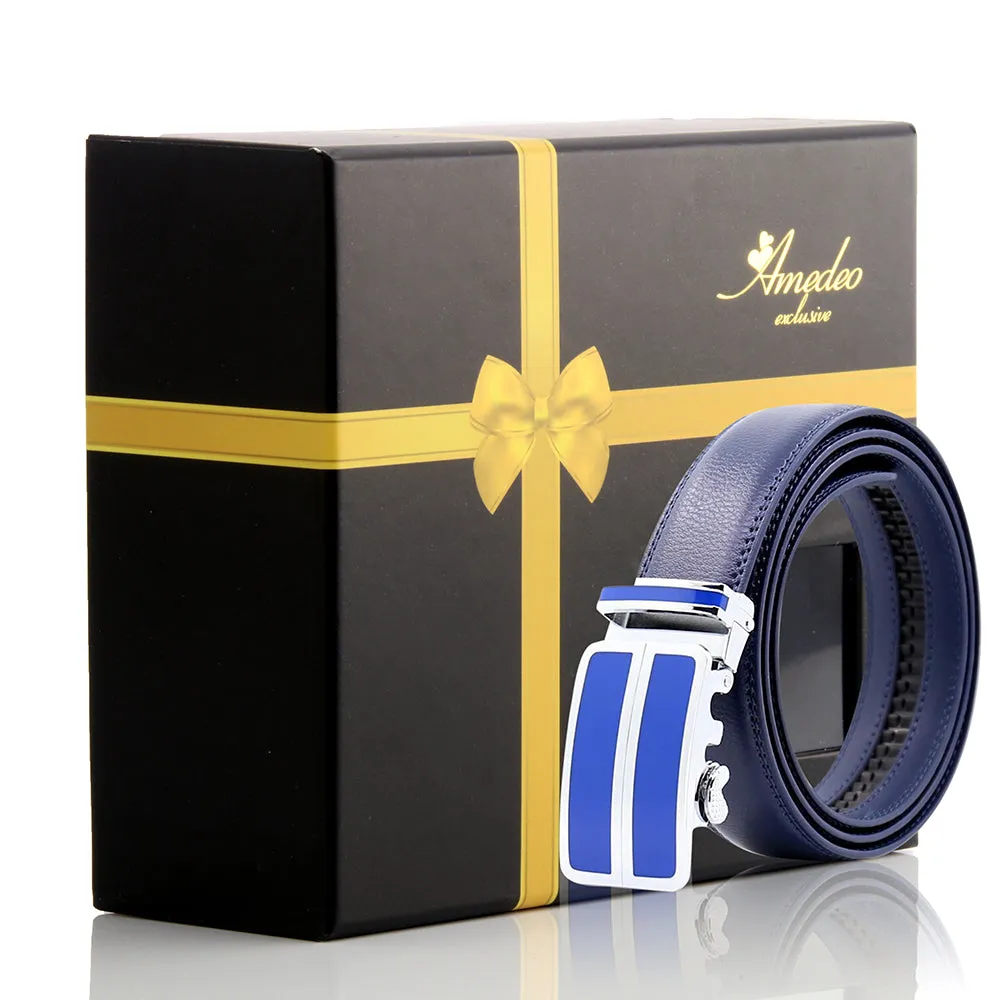 Men's Smart Ratchet No Holes Automatic Buckle Belt in Silver & Blue Color