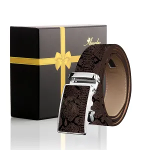 Men's Smart Ratchet No Holes Automatic Buckle Belt in Snake Skin - Brown Color