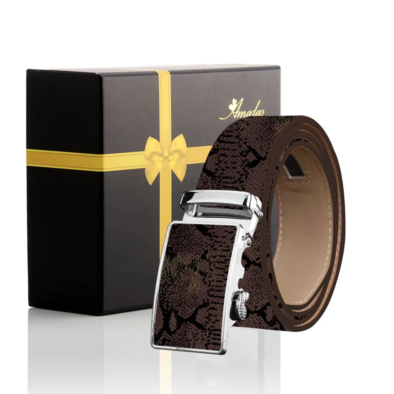 Men's Smart Ratchet No Holes Automatic Buckle Belt in Snake Skin - Brown Color