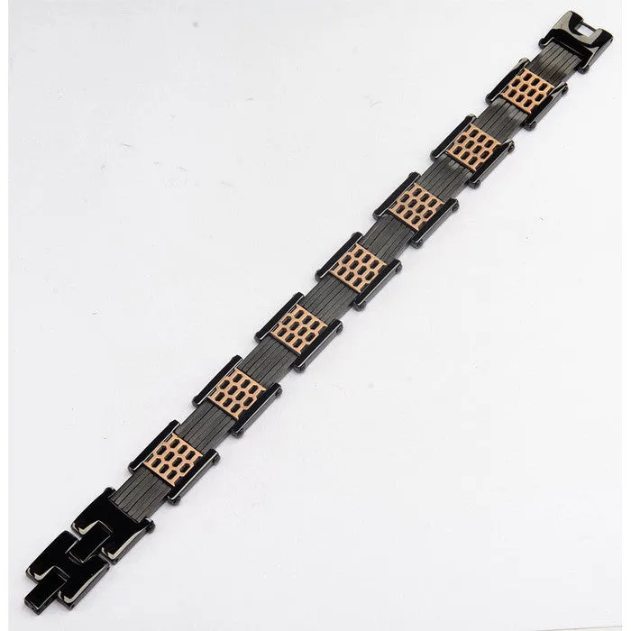 Men's Stainless Steel IP Black & IP Rose Gold Car Grille Polished Link Bracelet