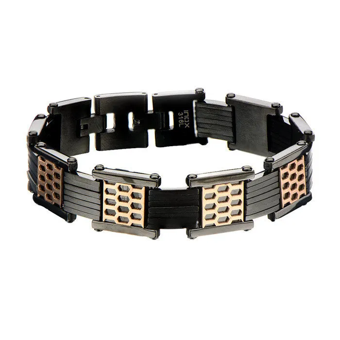 Men's Stainless Steel IP Black & IP Rose Gold Car Grille Polished Link Bracelet