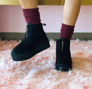 MIANE Black Faux Suede Zip Up Bootie - Faux Fur Lining