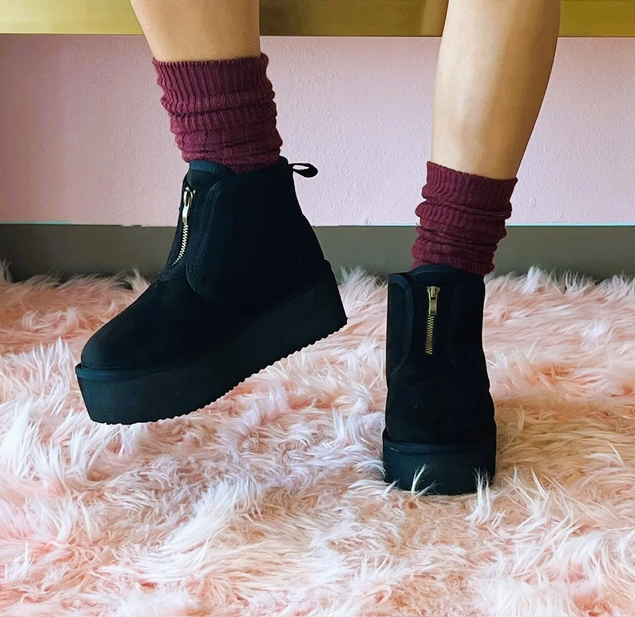 MIANE Black Faux Suede Zip Up Bootie - Faux Fur Lining