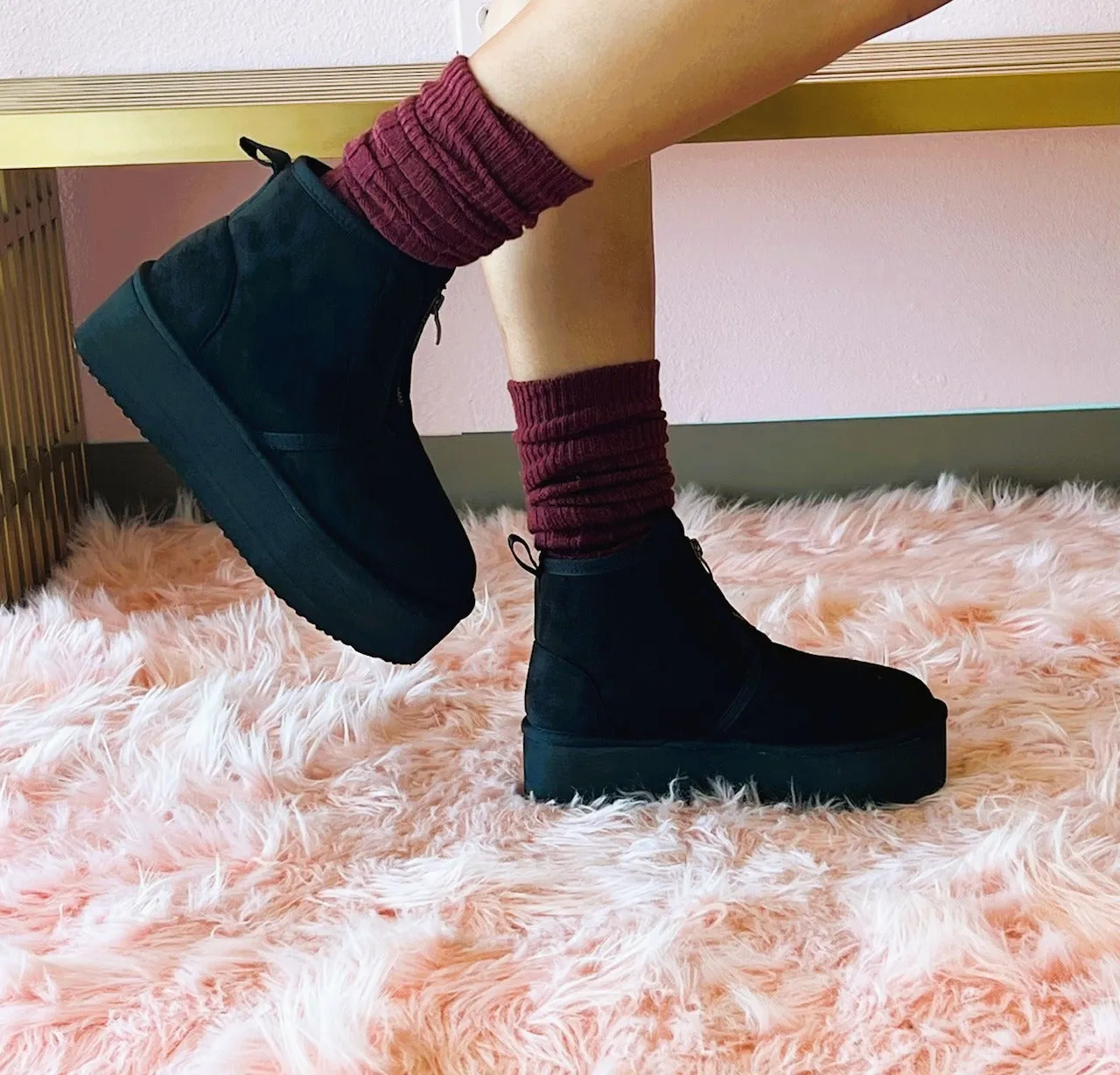 MIANE Black Faux Suede Zip Up Bootie - Faux Fur Lining