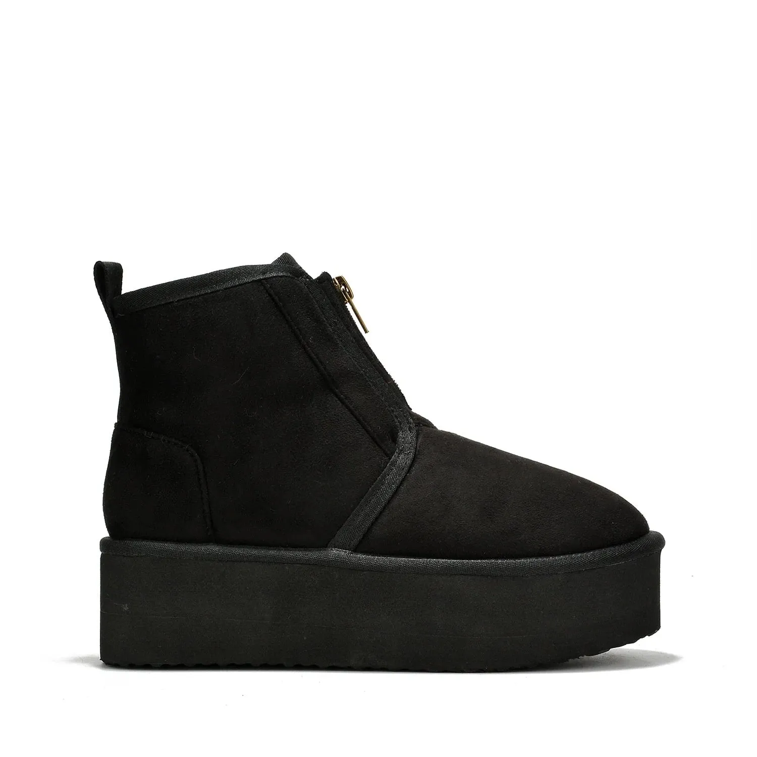 MIANE Black Faux Suede Zip Up Bootie - Faux Fur Lining