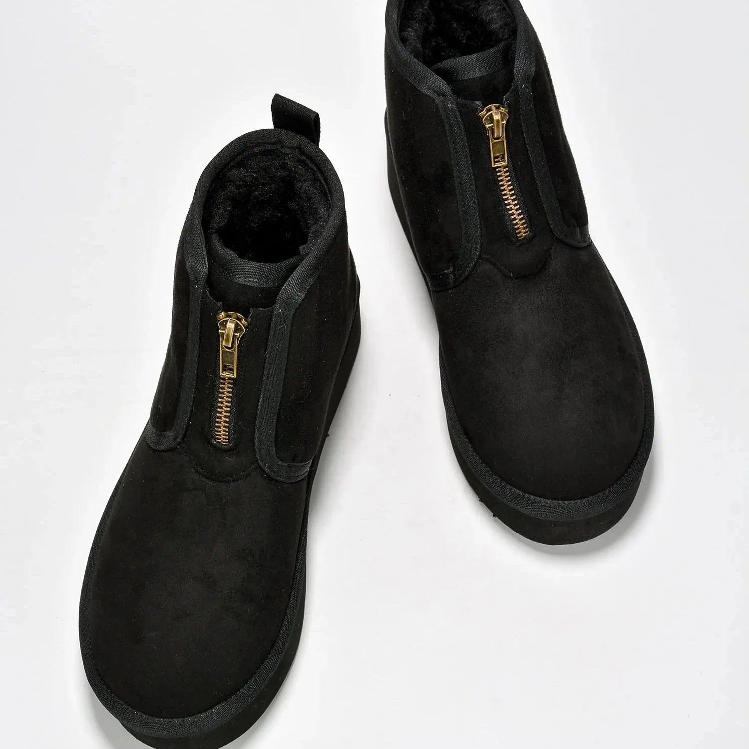 MIANE Black Faux Suede Zip Up Bootie - Faux Fur Lining