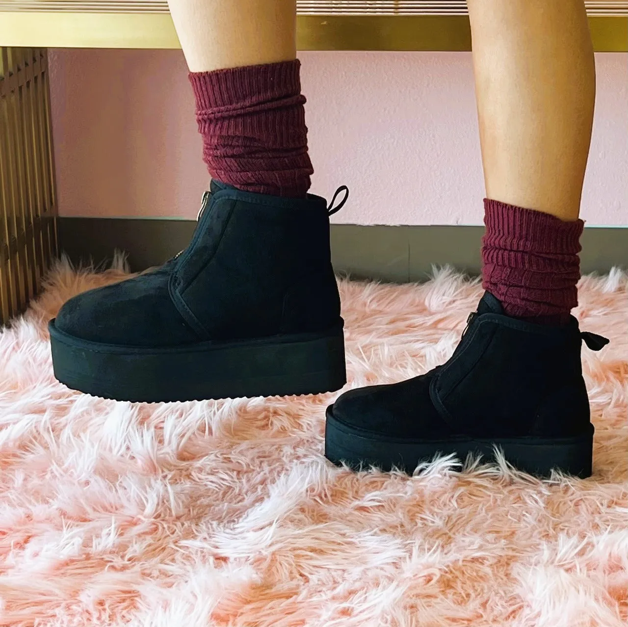 MIANE Black Faux Suede Zip Up Bootie - Faux Fur Lining