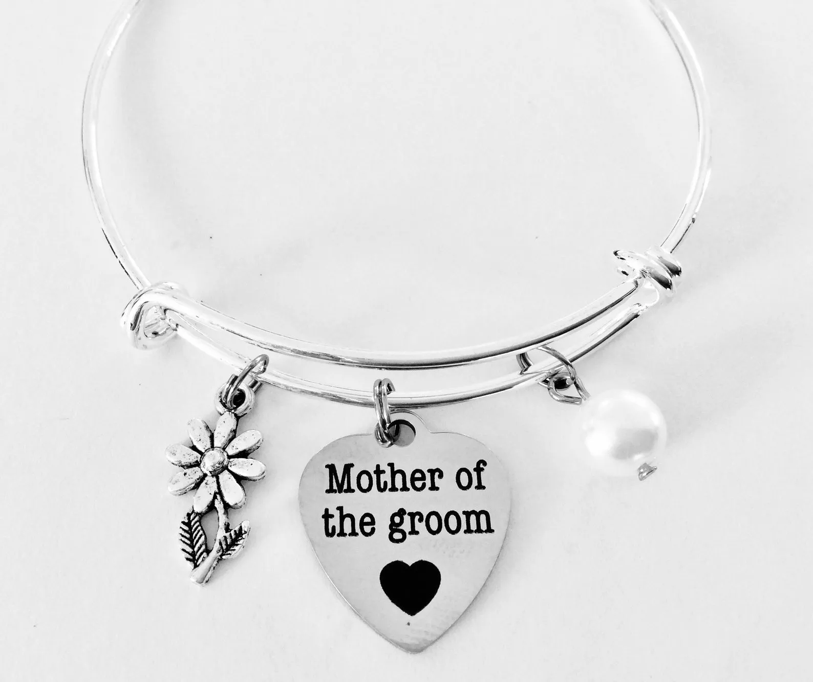 Mother of the Groom Jewelry Adjustable Bracelet Expandable Silver Charm Bangle Wedding One Size Fits All Gift
