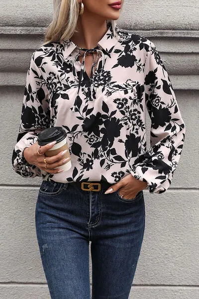 Nella Printed Tie Neck Balloon Sleeve Blouse