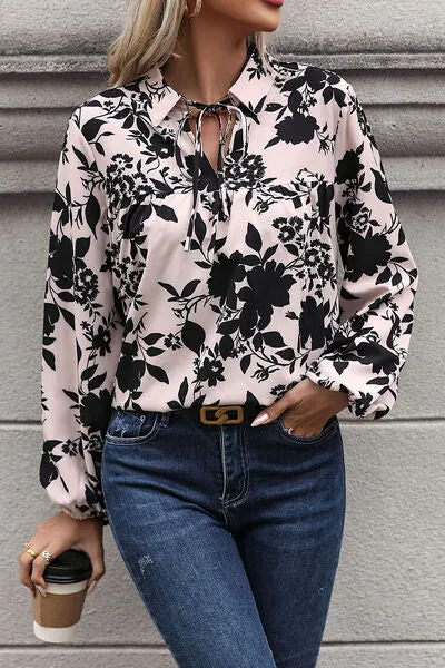 Nella Printed Tie Neck Balloon Sleeve Blouse