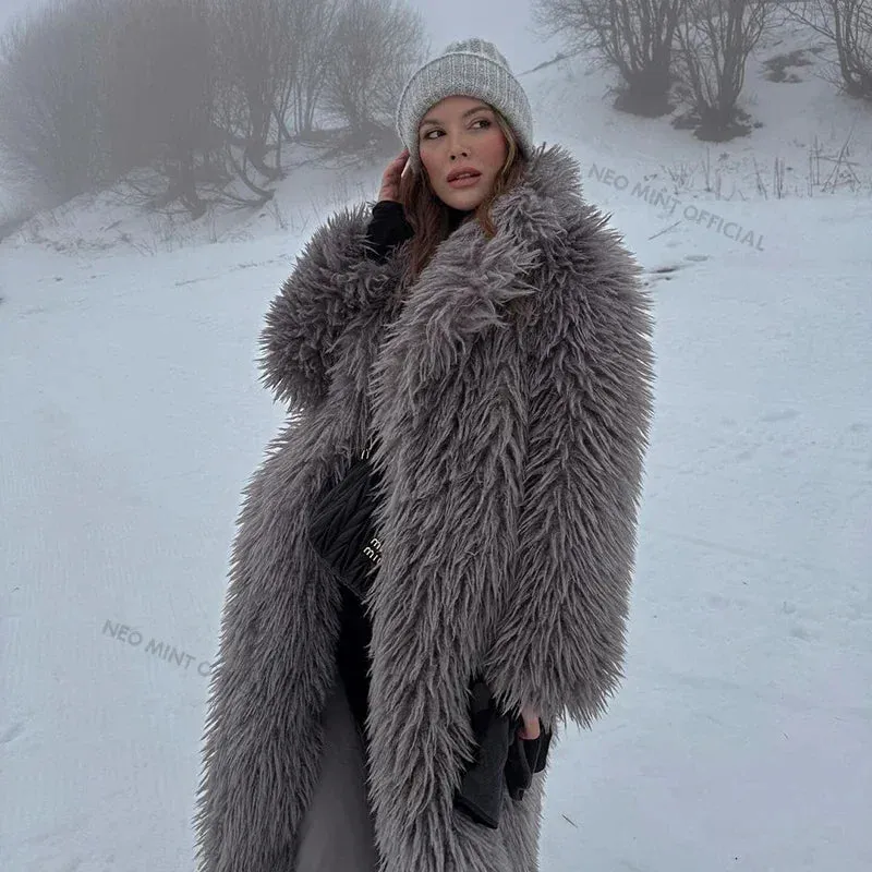 Neo Mint Extra Long Luxury Lamb Fur Teddy Coat Women  Winter Ladies Mob Wife Style Oversized Chunky Faux Fur Jacket Overcoat