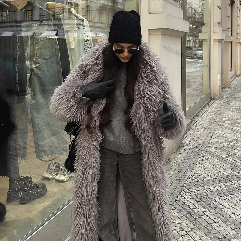 Neo Mint Extra Long Luxury Lamb Fur Teddy Coat Women  Winter Ladies Mob Wife Style Oversized Chunky Faux Fur Jacket Overcoat