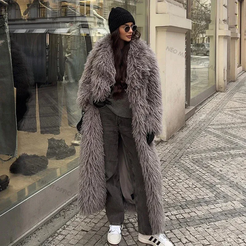 Neo Mint Extra Long Luxury Lamb Fur Teddy Coat Women  Winter Ladies Mob Wife Style Oversized Chunky Faux Fur Jacket Overcoat