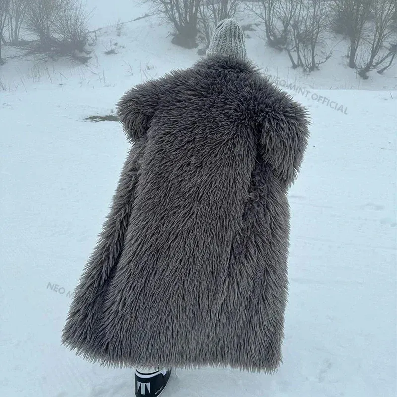 Neo Mint Extra Long Luxury Lamb Fur Teddy Coat Women  Winter Ladies Mob Wife Style Oversized Chunky Faux Fur Jacket Overcoat