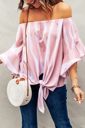 Off The Shoulder Pink White Vertical Stripes Blouse