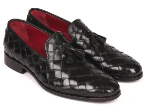 Paul Parkman Men's Big Braided Tassel Loafers in Black